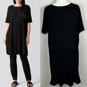 Eileen Fisher Black Ribbed Knit Dress Womens Sz Medium Tencel Short Sleeve Tunic